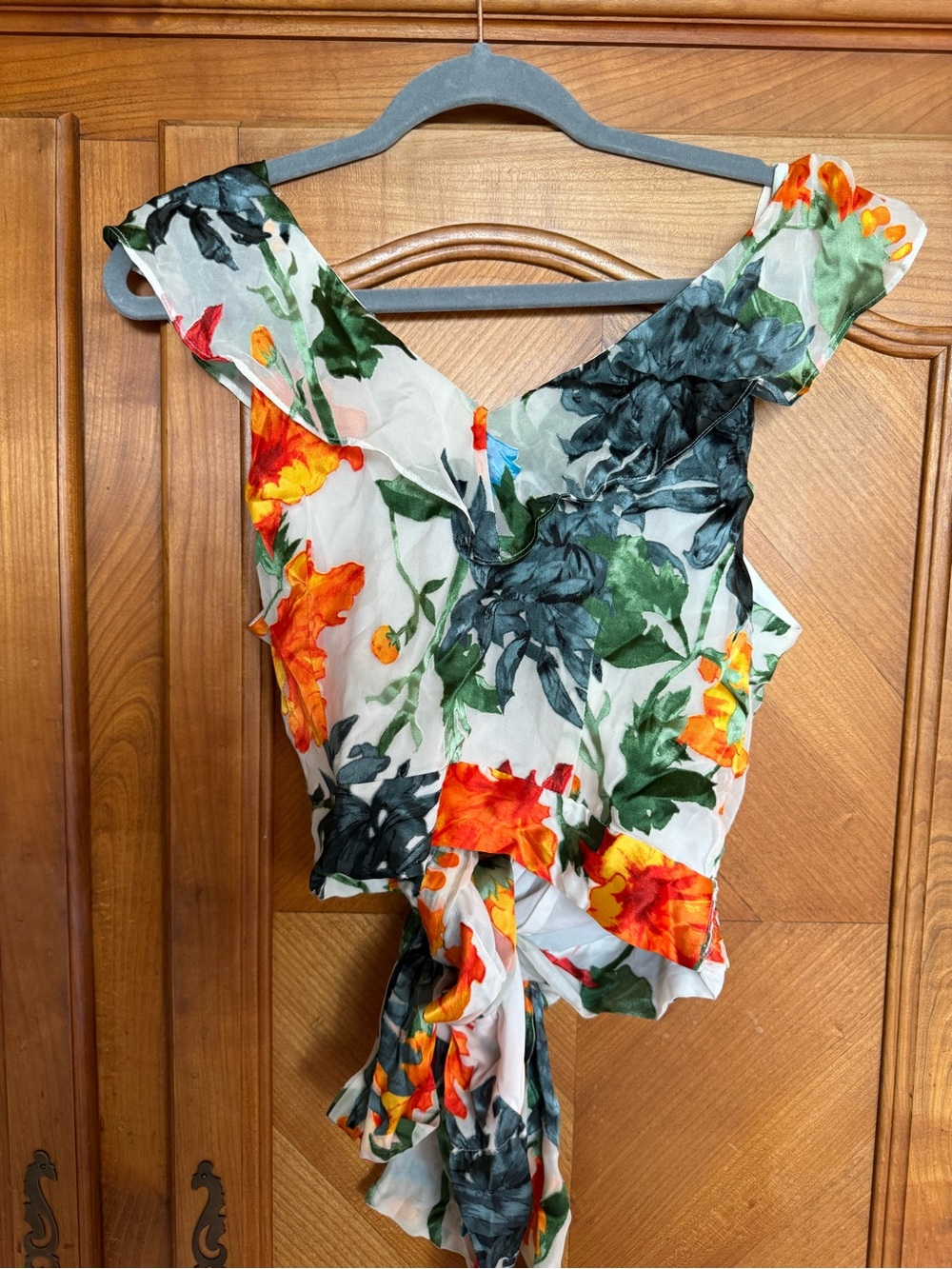 Alice + Olivia Floral Wrap Top in Cream, Red, Yellow, Green - Picture 4 of 10